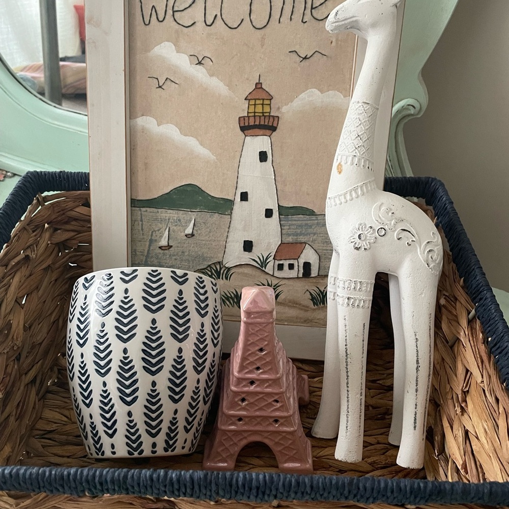 Home decor. Decorative Set with Giraffe, Vase, Eiffel Tower, art and basket.
